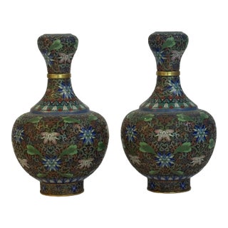 Cloisonne Vase Pair Featuring Lotus Flowers For Sale
