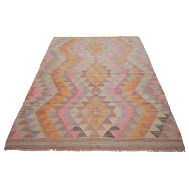 Textile 1960s Turkish Rug Kilim Handmade Pastel Colors Rug - 5′3″ × 7′5″ For Sale - Image 7 of 11