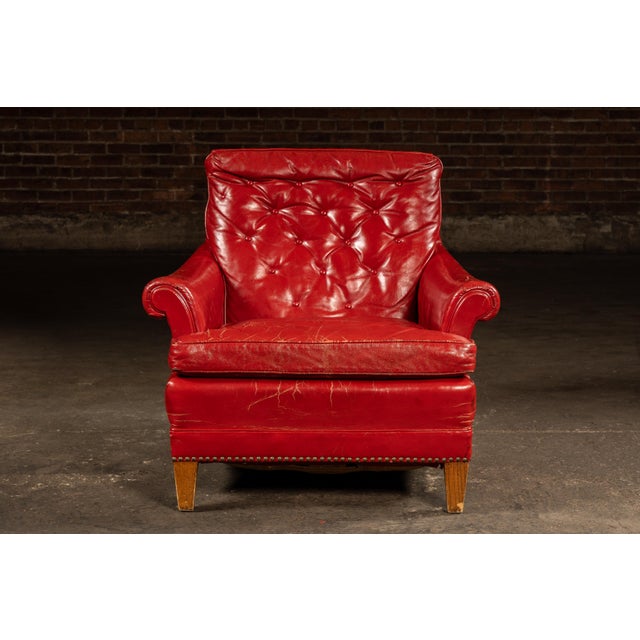 Vintage Tufted Leather Lounge Chair in Candy Apple Red For Sale - Image 4 of 14