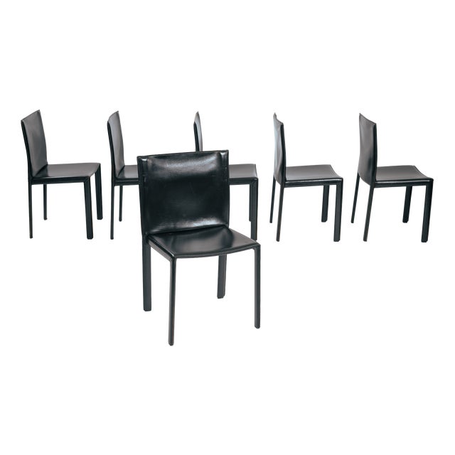 Vintage Black Leather Pasqualina Dining Chairs by Enrico Pellizzoni, Italy, 1981, Set of 6 For Sale