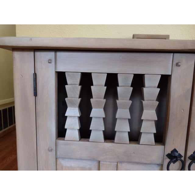 Late 20th Century Ernest Thompson Southwest Pueblo Style Carved Wood Cabinet With Sun Motif For Sale - Image 9 of 15