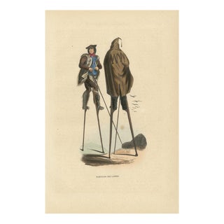 Inhabitants of the Landes on Stilts, 1845, Hand-Coloured Lithograph For Sale