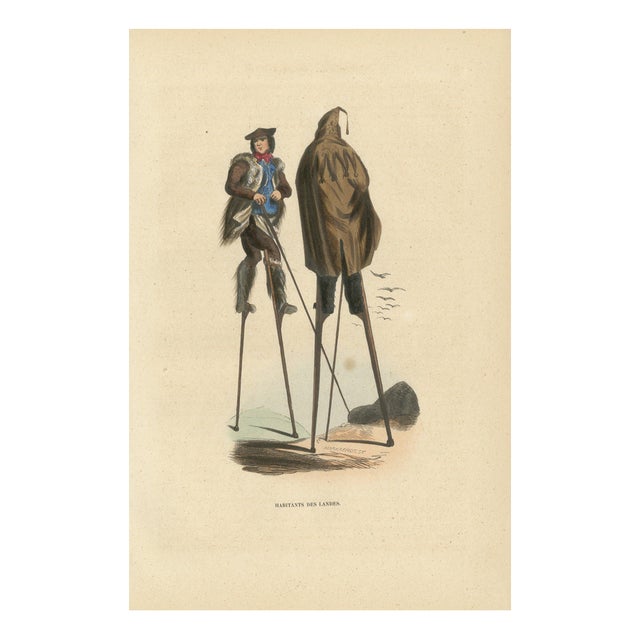 Inhabitants of the Landes on Stilts, 1845, Hand-Coloured Lithograph For Sale