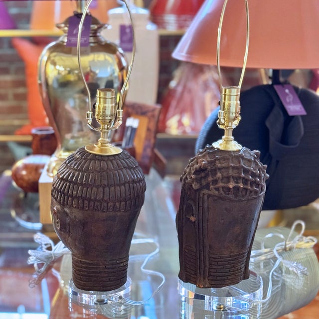 Early 19th Century Early 19th Century Benin Oba Head Lamps, Pair For Sale - Image 5 of 7