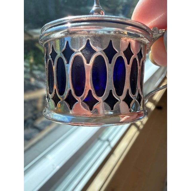 Vintage Cheltenham & Co Silver Plate Mustard Pots Cobalt Blue Glass - Set of 2 For Sale - Image 4 of 7