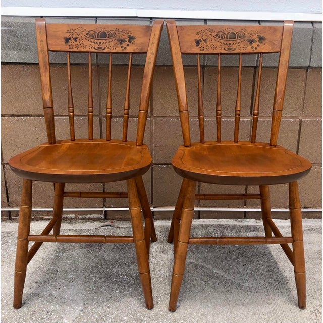 Pair Vintage Nichols & Stone Solid Maple Wood Stenciled Chairs For Sale - Image 10 of 10