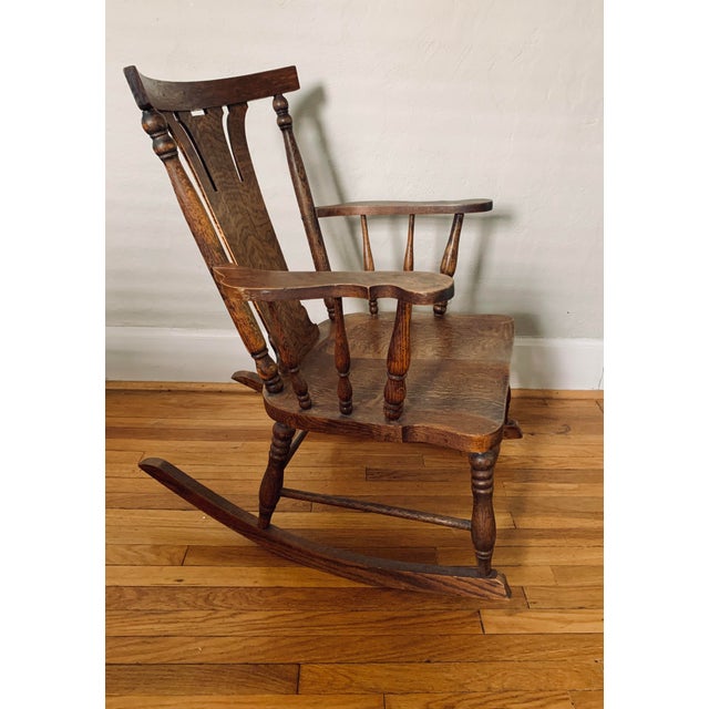 1900 - 1909 Early 1900s Antique Arts and Crafts Movement Tiger Oak Rocking Chair For Sale - Image 5 of 12