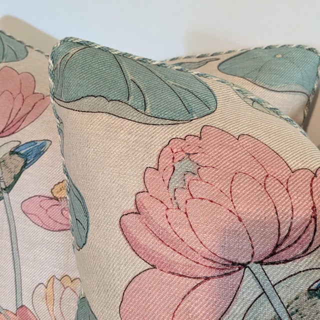 Textile Lee Jofa Nympheus Twill Pillows in Pink/Teal With Braided Multi Cord- 22" Pair For Sale - Image 7 of 8