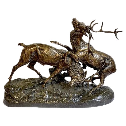 C-E Masson, Deer Fight, 1800s, Bronze For Sale