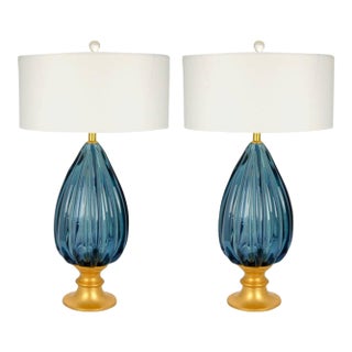 Vintage Murano Glass Table Lamps in Peacock Blue, for Marbro - A Pair For Sale