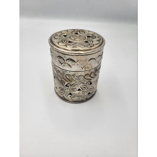 Art deco, plated brass container for tea, herbs, fragrances, dimensions: height 9.2 cm, diameter 7.4 cm.