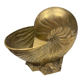 Vintage Brass Nautilus Shell Bowl Sculptural Catchall Palm Beach Shell Decor For Sale