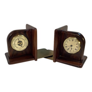 Mid-Century Art Deco Mahogany and Brass Bookends With Clock & Barometer - a Pair For Sale