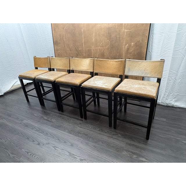 Rh Saddle Hair-on-Hide Counter Stools – Set of 5 Designed by Barlas Baylar | Camel Hair-on-Hide | Black Oak Finish For Sale - Image 11 of 16