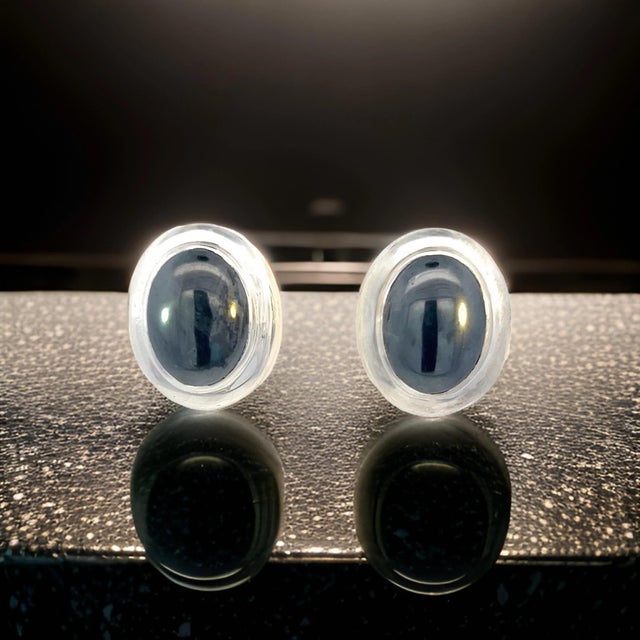 1990s Tiffany & Co Estate Natural Hematite Cabochon Earrings Sterling Silver, 2 Pieces For Sale - Image 11 of 12