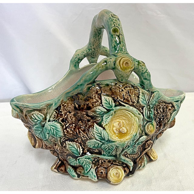 Turquoise Vintage Italian Majolica Faux Bois Birds Nest Ceramic Basket Vase For Sale - Image 8 of 12