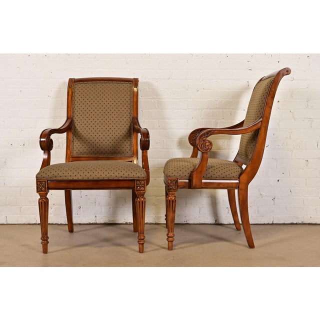 Brown Ethan Allen French Regency Louis XVI Carved Cherry Wood Upholstered Armchairs, Pair For Sale - Image 8 of 11