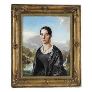 Eduard Magnus, Portrait of a Young Italian Woman in a Landscape with Open Water, 1800s, Oil on Canvas, Framed For Sale