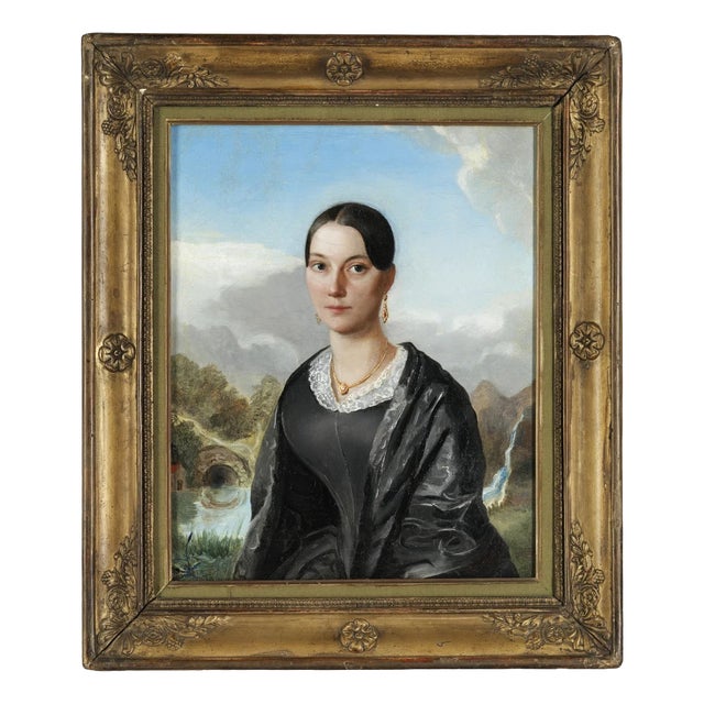 Eduard Magnus, Portrait of a Young Italian Woman in a Landscape with Open Water, 1800s, Oil on Canvas, Framed For Sale