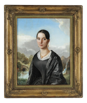 Eduard Magnus, Portrait of a Young Italian Woman in a Landscape with Open Water, 1800s, Oil on Canvas, Framed