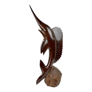 Mid-Century Hand-Carved Iron Wood Swordfish Sculpture For Sale