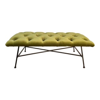 Mid 20th Century Arthur Umanoff Style Iron Bench in Tufted Green Velvet For Sale