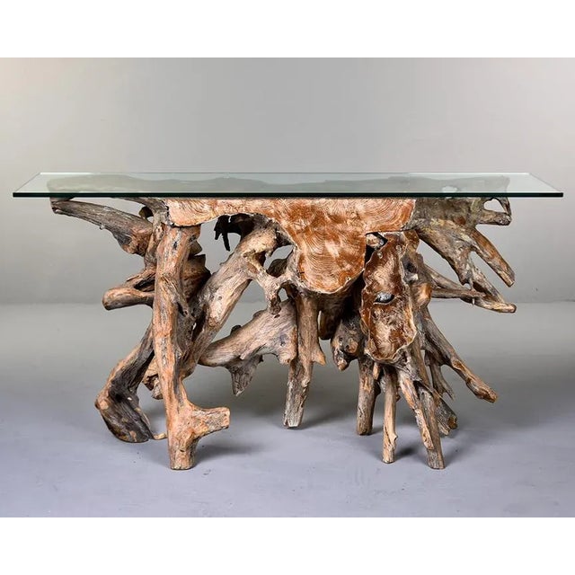 Teak Root Console Table With Glass Top For Sale - Image 4 of 11