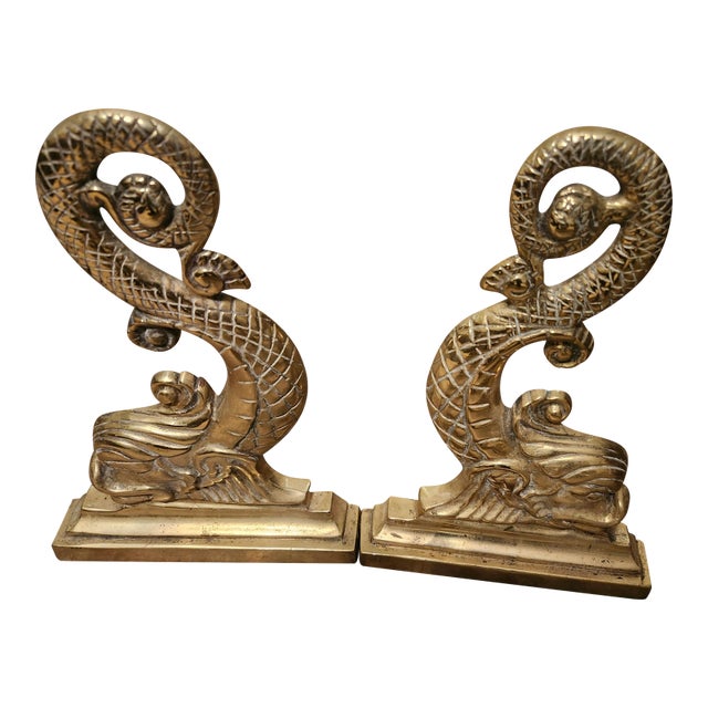 Harvin Brass Dolphin Andirons & Solid Brass Fireplace Fender Rail Virginia Metal For Sale