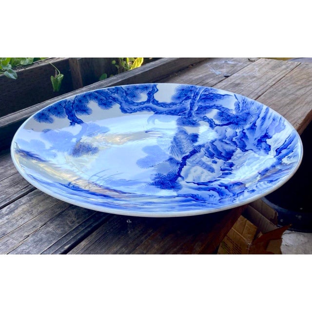 Mid 20th Century Monumental Japanese Blue & White Porcelain Charger With Hawk & Pine Landscape For Sale - Image 4 of 15