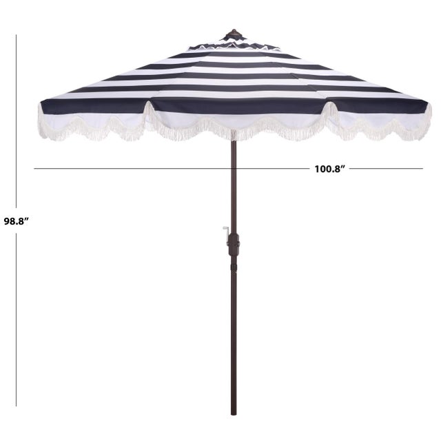 Modern Lucerna 9 Ft Crank Umbrella, Navy Stripe/Brown Pole For Sale - Image 3 of 9