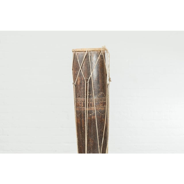 Brown 19th Century Thai Ceremonial Drum with Ropes and Leather Drumhead For Sale - Image 8 of 13