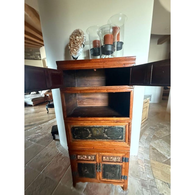 Vintage Asian Chinoiserie Lacquered Wood Tall Cabinet With Brass Decorative Panels For Sale - Image 4 of 8