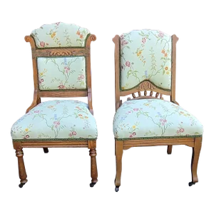 1920s Victorian Oak Upholstered Parlor Side Chairs, a Pair