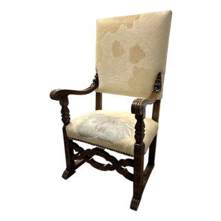 Antique Renaissance Style Carved Wood Animal Hide Throne Accent Chair For Sale
