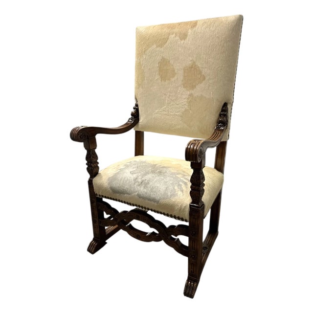 Antique Renaissance Style Carved Wood Animal Hide Throne Accent Chair For Sale
