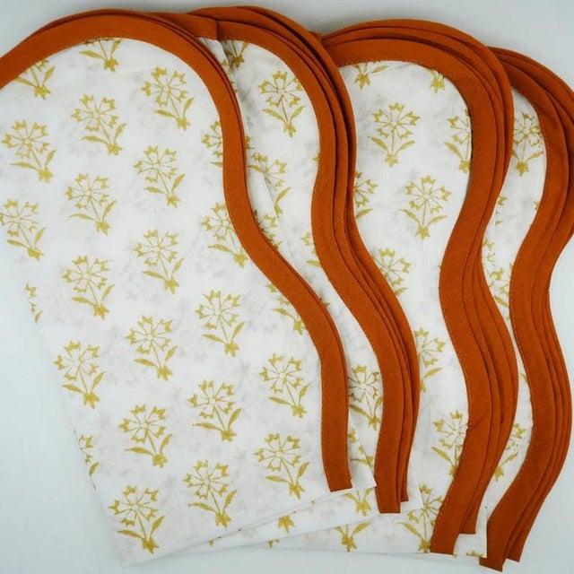 Handmade Scalloped Napkins, White with Ochre Trim - Set of 4 For Sale - Image 6 of 10