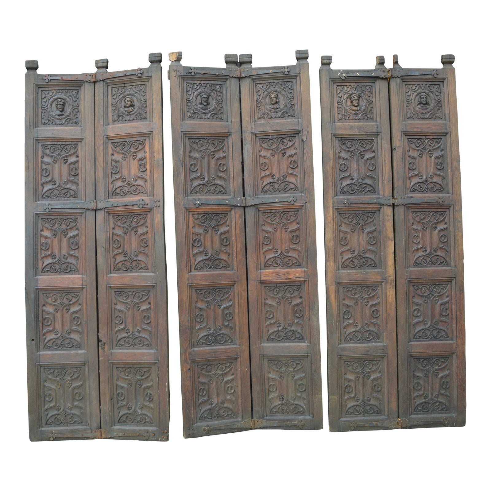 Antique European Oak Wood 6 Fold Tri Panel Screen or Folding Doors With ...