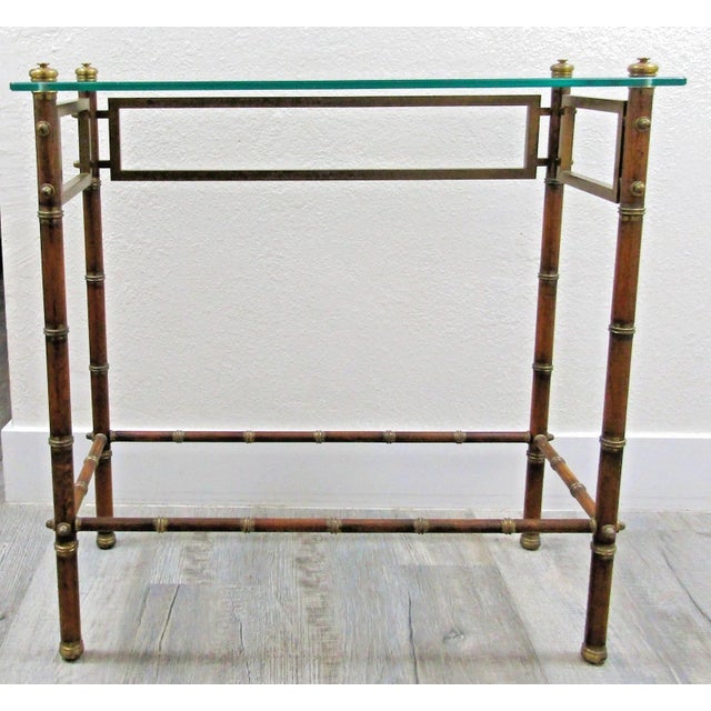 Mid-Century French Glass Top Faux Bamboo Wood and Brass Side Table Attributed to Maison Baguès For Sale In Miami - Image 6 of 18