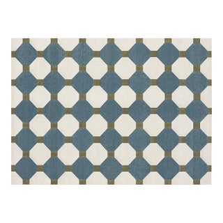 Handmade Cotton Flat Weave Area Rug, Teal Blue, Cream and Olive Green Tile Dhurrie - 8'x10' For Sale