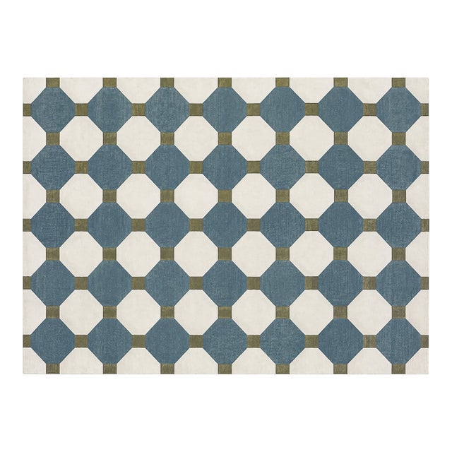 Handmade Cotton Flat Weave Area Rug, Teal Blue, Cream and Olive Green Tile Dhurrie - 8'x10' For Sale