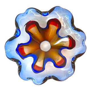 Vintage Blue Murano Glass Wavy Bowl Dish For Sale