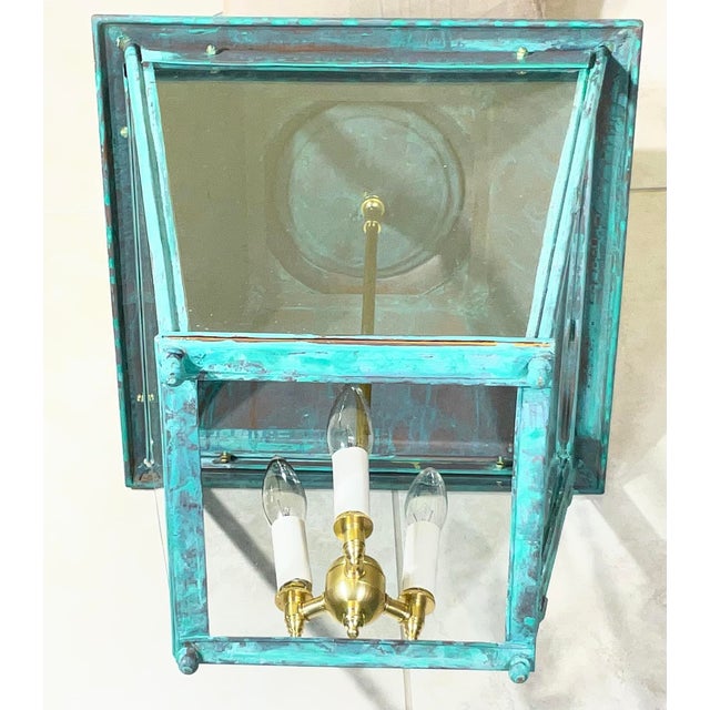 Antique Restored Copper & Brass Hanging Lantern, Hexagonal/Square Fixture For Sale - Image 11 of 14