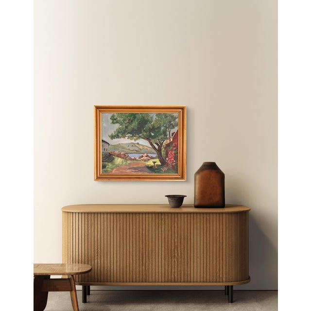 1951 Impressionist Lakeside Landscape Oil on Board Painting, Signed For Sale - Image 4 of 5