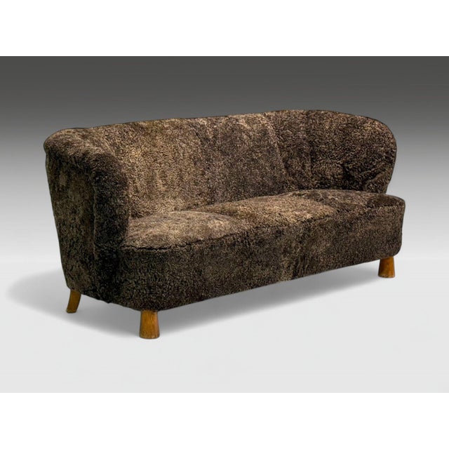 Danish Mid-Century Modern, Beech, Brown Sheepskin, Sofa, Denmark, 1930s For Sale - Image 4 of 9