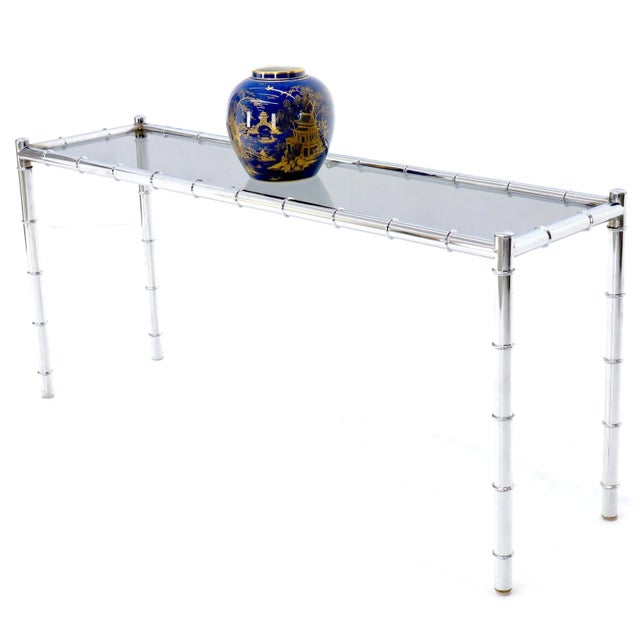 Mid 20th Century Faux Chrome Bamboo Smoked Glass Console Sofa Table For Sale - Image 10 of 11