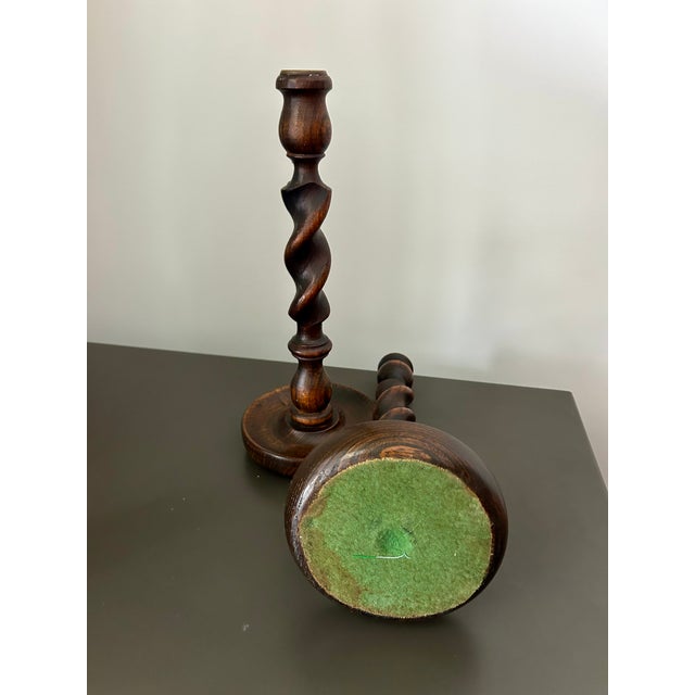 Vintage Pair English Oak Barley Twist Candlesticks – Pair of Antique Wooden Candle Holders For Sale - Image 6 of 9
