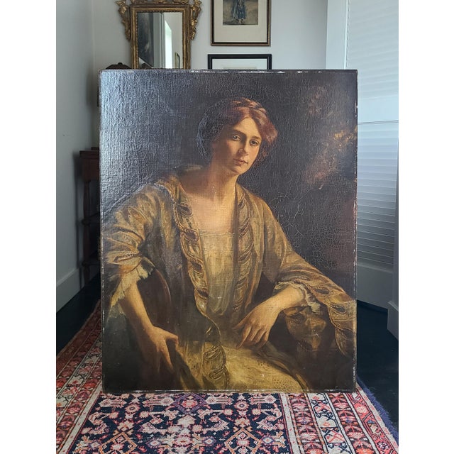Carol Aus Antique 1910s Oil Painting Portrait of a Lady For Sale - Image 17 of 18