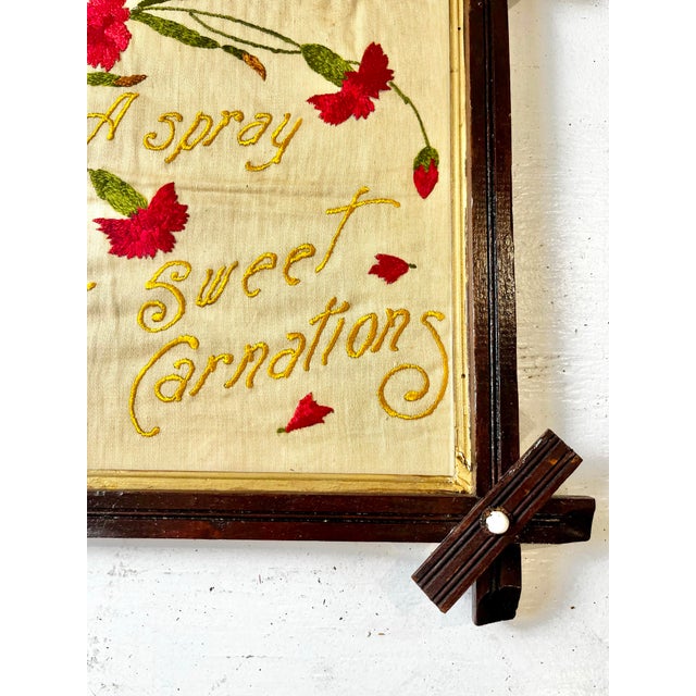 Textile Antique Victorian Carnation Floral Motto Embroidery For Sale - Image 7 of 12