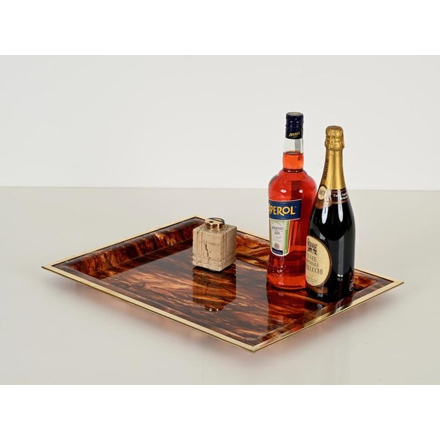 Rectangular Tortoiseshell Effect Acrylic Glass and Brass Serving Tray from Dior, Italy, 1970s For Sale - Image 4 of 13