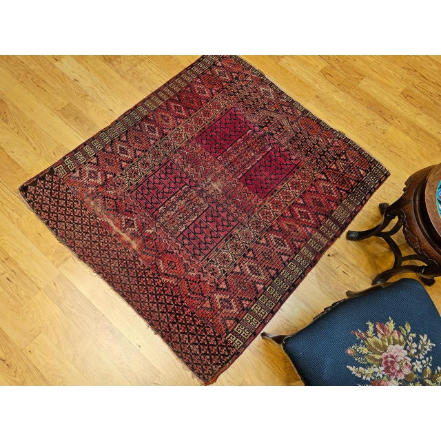 Textile Near Square Size Vintage Turkmen Tekke Ensi in Prayer Pattern in Red, Navy, Ivory, Blue For Sale - Image 7 of 16